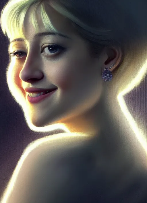 Image similar to portrait of lili reinhart with fluffy bangs, smiling kindly, bangs, 1 9 6 0 s, ponytail, curly bangs and ponytail, rounder face, intricate, elegant, glowing lights, highly detailed, digital painting, artstation, concept art, smooth, sharp focus, illustration, art by wlop, mars ravelo and greg rutkowski