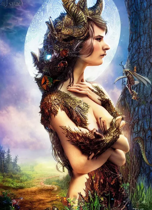 Image similar to movie poster, fantasy, kingdom in the woods, dragons, profile of a beautiful woman, fairies, magical, enchanting, nostalgic, by john alvin,