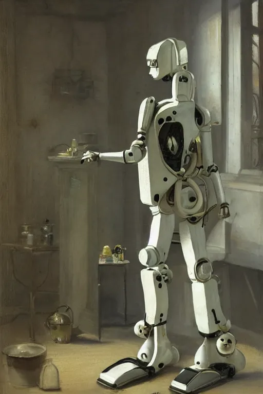 Image similar to a scene with a anime figurine that looks like a white plastic industrial robot with fluo colored details covered in pastel colors, moody light, flemish painting