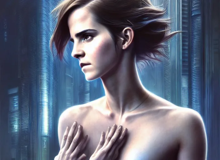 Image similar to body shot of emma watson in ghost in the shell, intricate, elegant, highly detailed, centered, digital painting, artstation, concept art, smooth, sharp focus, illustration, artgerm, tomasz alen kopera, peter mohrbacher, donato giancola, joseph christian leyendecker, wlop, boris vallejo