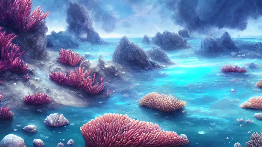 Prompt: landscape, corals, nacre, sea, white stones, iridescent. fantasy, digital painting, hd, highly detailed.