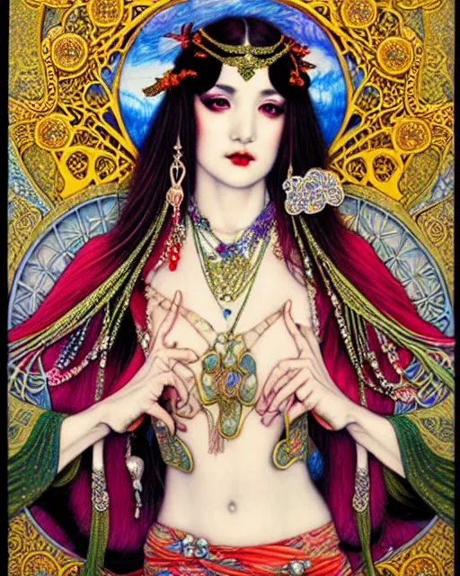 Prompt: beautiful and playful bellydancer, art nouveau, fantasy, intricate oriental designs, elegant, highly detailed, sharp focus, art by chie yoshii