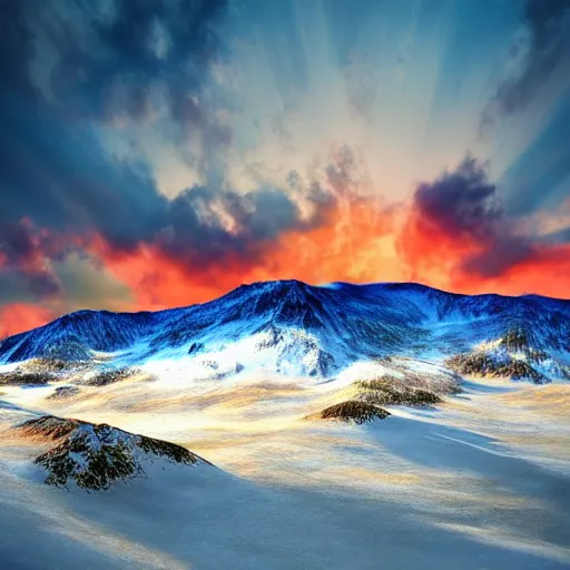 Prompt: tall snowy mountain range, realistic, detailed, award winning photo, sunset, 8 k