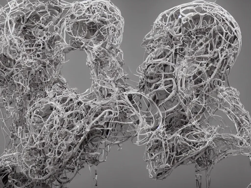 Image similar to dialysed romance, a hyperreal sculpture by diuq s, showing the complex twisted biomechanical interleaving reality of man and machine