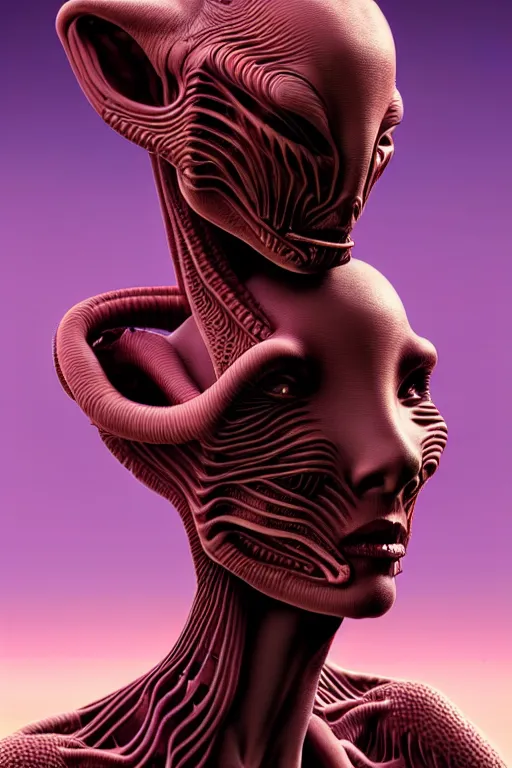 Prompt: beautiful portrait of friendly alien eating some babies, style of Feng Zhu, by Richard Corben, Artstation geometric, aesthetic, smooth skin, unique features, symmetrical, intricate crown, high fashion, streetwear, cyberpunk, detailed, octane render, cinematic, 8k, purple skin, brown skin