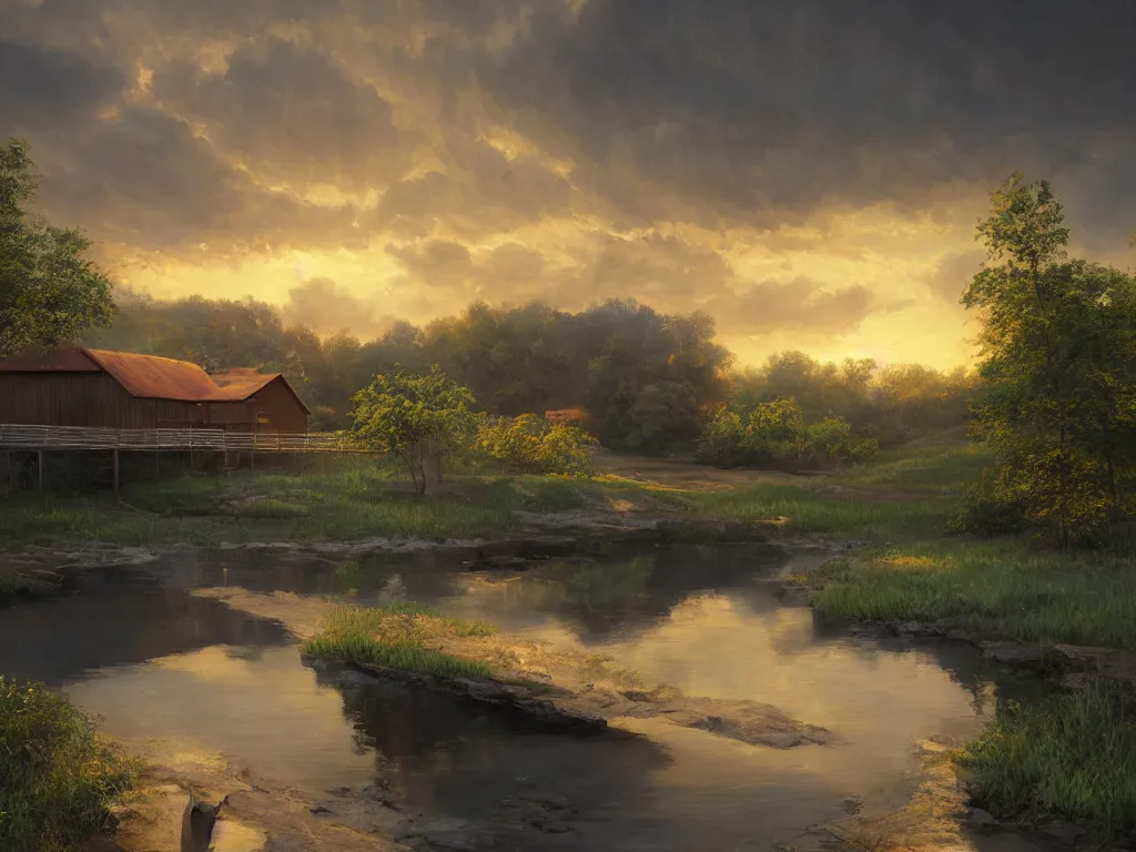 Image similar to a oil painting of a serene landscape with a singular wooden house, a bridge over river, at sunrise, concept art, octane render, unreal engine 5, trending on deviantart, highly detailed, high quality, oil painting, digital painting, masterpiece, hyperrealistic, breathtaking landscape, soft lighting, godrays, complementary colors, natural lighting