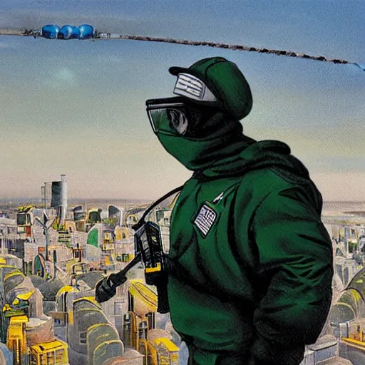 Prompt: a giant pest control worker in uniform spraying pesticides over the city, art by alex malveda, low angle