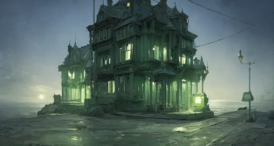 Prompt: seaside victorian building, green, cool color palette, night, dark, moon in the sky, concept art by Cédric Peyravernay