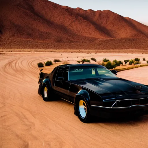 Image similar to kitt the incredible car black transam cruising the desert at magic hour, 8K