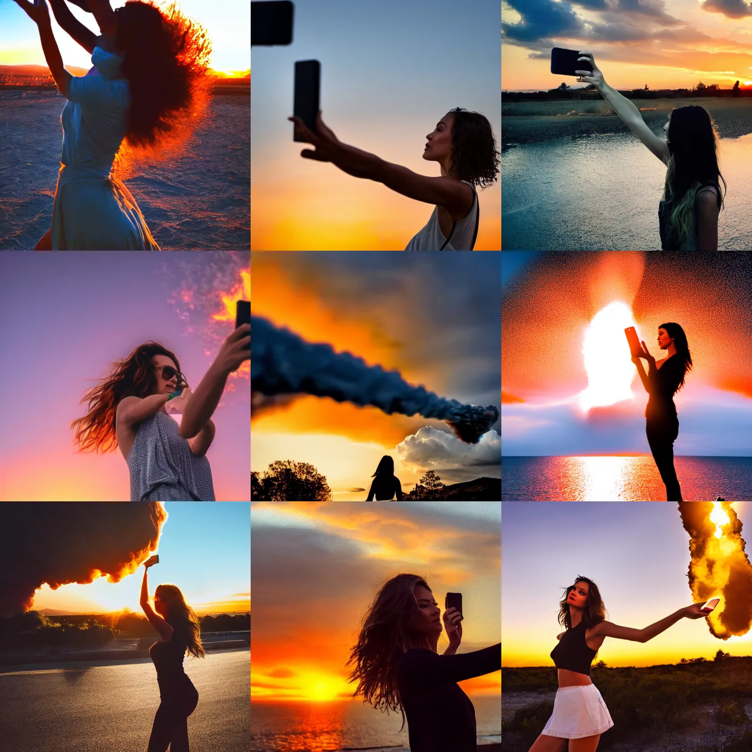 Prompt: a supermodel taking a selfie with a massive explosion, sunset, golden hour