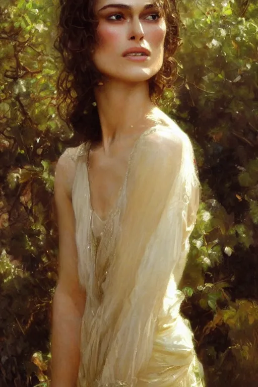 Image similar to detailed realistic cinematic shot of beautiful attractive keira knightley wit slim face symettrical face clean skin, wearing long intricate dress, smooth, sharp focus, ultra realistic, spring light, painting by gaston bussiere, craig mullins, j. c. leyendecker