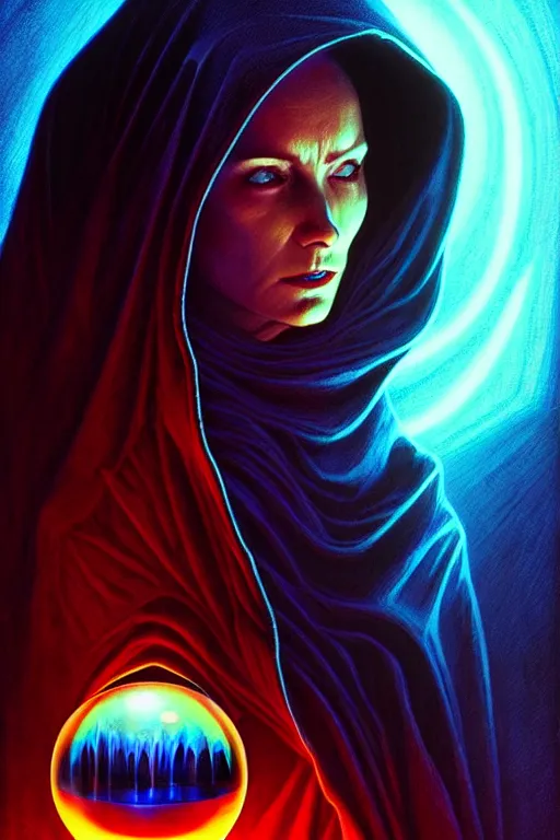 Image similar to wizard in a hooded cloak gazing into a crystal ball, high details, intricately detailed, by vincent di fate, artgerm julie bell beeple, inking, 3 color screen print, masterpiece, trending on artstation, cinematic composition, dramatic pose, volumetric lighting, sharp, details, hyper - detailed, hd, 4 k, 8 k