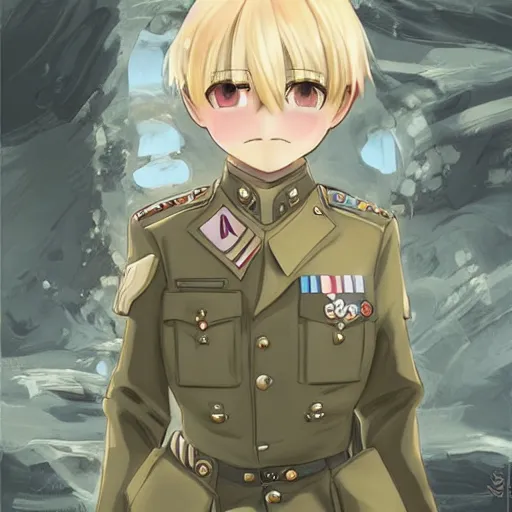 Image similar to beautiful little blonde boy in thigh nazi uniform. made in abyss art style, inspired by kris from deltarrune, cute detailed artwork, anatomically correct, soft details, ilya kuvshinov, reflection, perfect composition, portrait, illumination, digital art, detailed anime soft face, symmetrical face, western comic, illustration, realistic, nazism