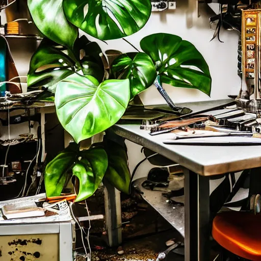 Image similar to A close-up shot of a metal table with laboratory tools and materials in an abandoned biopunk laboratory, plants everywhere, jungle themed, monstera, life, biological experiments,