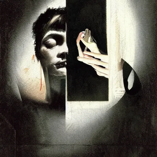 Prompt: Passionate lovemaking in the mirror, deep shadows, burnt paper, sharp contrast by Dave McKean