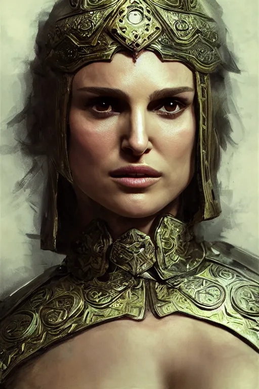 Image similar to natalie portman, legendary warrior, heroic, lord of the rings, tattoos, decorative ornaments, battle armor, by carl spitzweg, ismail inceoglu, vdragan bibin, hans thoma, greg rutkowski, alexandros pyromallis, perfect face, fine details, realistic shading photorealism