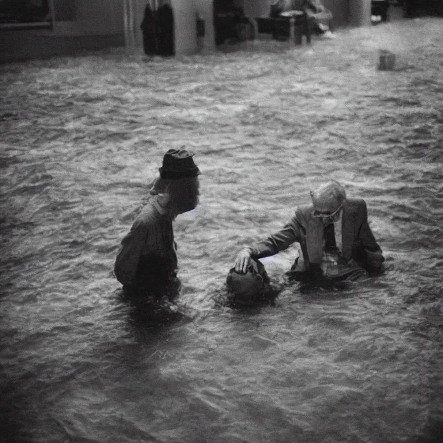 Image similar to 7 0 s movie still of an old man drowning in a soviet ballroom flooded in worms, cinestill 8 0 0 t 3 5 mm, heavy grain, high quality, high detail