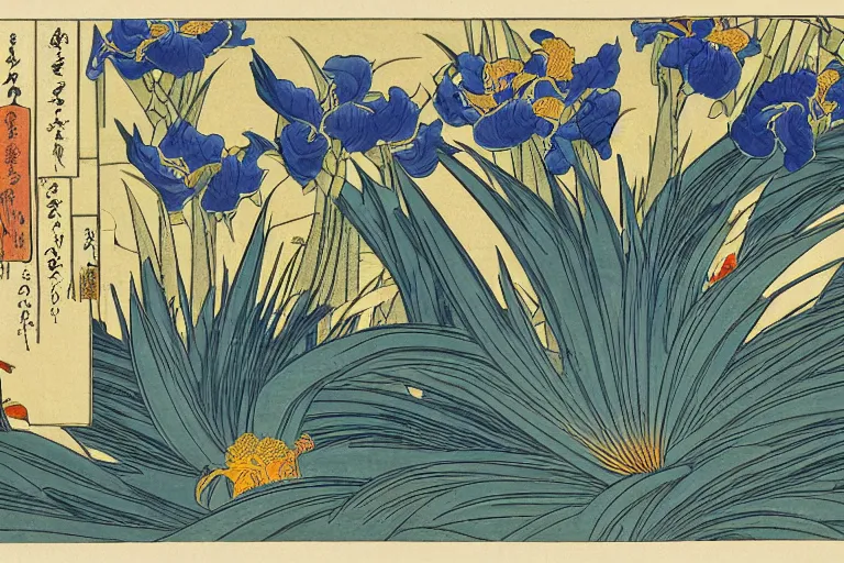 Image similar to a masterful ukiyo - e print of irises by katsushika hokusai, utagawa kuniyoshi and utagawa hiroshige, hyperdetailed, intricate, colorful, illustration, complex, closeup, 4 k