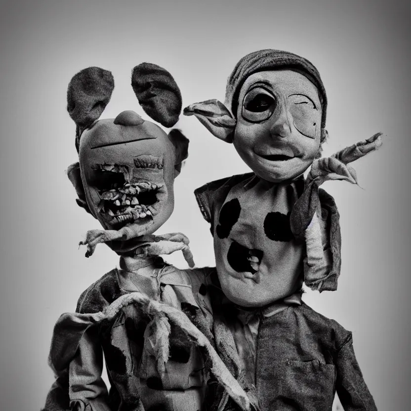 Image similar to creepy ventriloquist dummy in the style of roger ballen, 4 k, bw, portrait