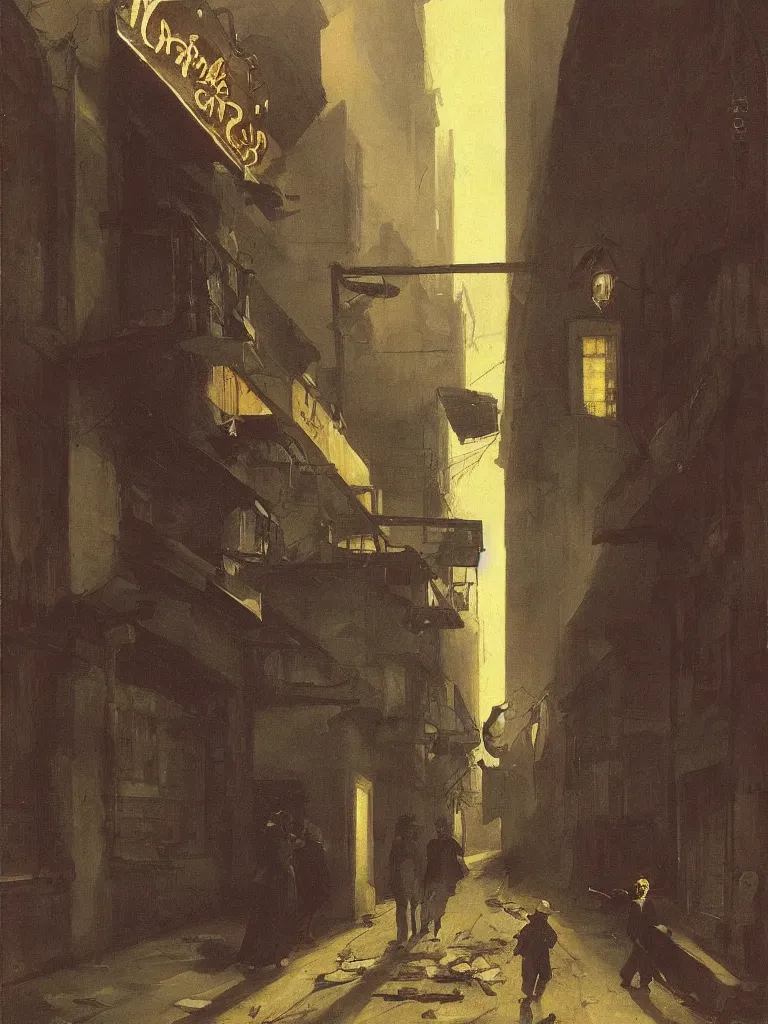 Prompt: a dark alley with abandoned buildings, a nightclub with neon signs by carl spitzweg and edward hopper