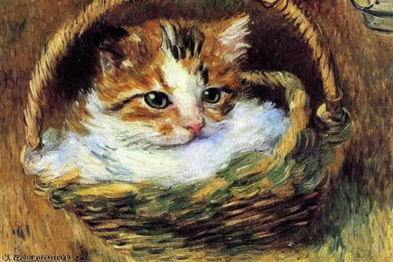 Image similar to a perishing cute kitten coiled up in a basket outside by a snowy day, snow everywere, snowy landscape, by Monet, Manet, Renoir