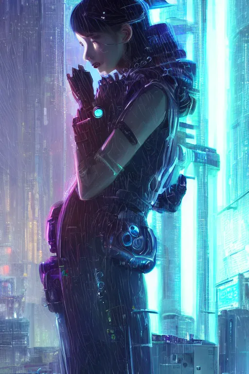 Image similar to portrait futuristic talented cyberpunk female Alchemist, in futuristic stormy heavy snowy thunder tokyo rooftop Enchantment cyberpunk night, ssci-fi, fantasy, intricate, very very beautiful, elegant, neon light, highly detailed, digital painting, artstation, concept art, soft light, hdri, smooth, sharp focus, illustration, art by tian zi and craig mullins and WLOP and alphonse mucha