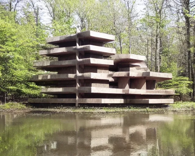 Image similar to pagan brutalist building made of carved wood near a pond and forest, a lot of chimes and calmness