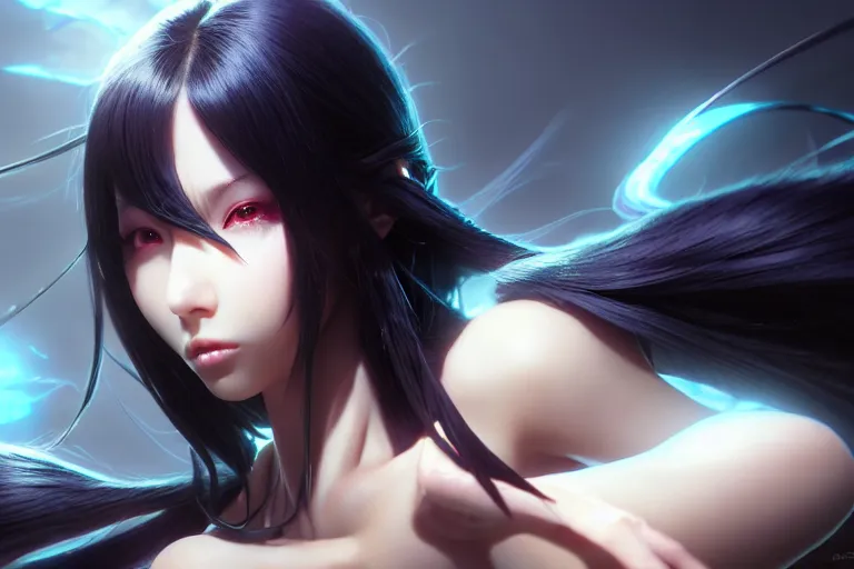 Prompt: extremely beautiful aesthetic girl with ego weapons, black long hair, occlusion shadow, specular reflection, rim light, unreal engine, octane render, artgerm, artstation, art by hiroaki samura and jiro matsumoto and yusuke murata, high quality, highly detailed 8 k, fantasy illustration, beautiful shape of face and body, epic scene