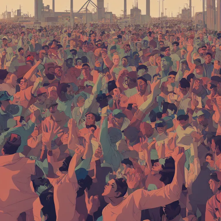 Prompt: a crowd of angry workers outside of a large tall factory by tomer hanuka and beeple and chester don powell and brian maebius, dramatic composition, epic scale, deep colors, sharp focus, shading, masterpiece, beautiful