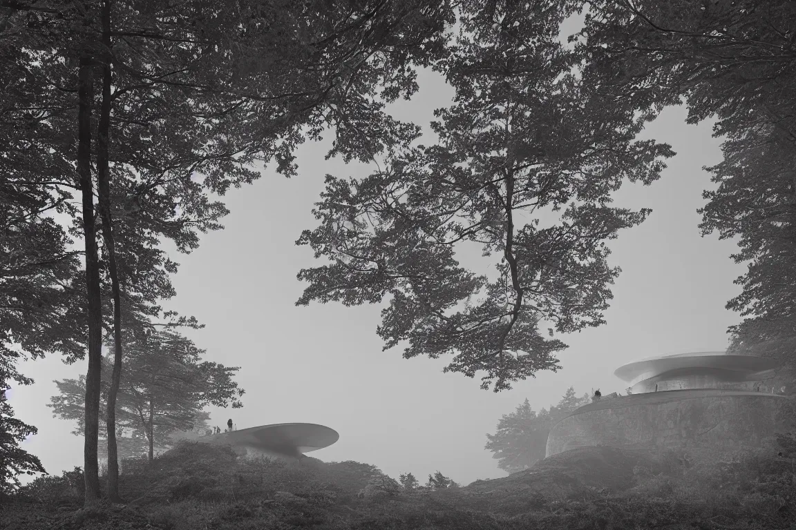 Image similar to A beautiful matte drawing of a ellipse-shaped building with rounded windows, standing on a large cliff near a coniferous forest. A thin stone bridge goes over the cliff. View from afar, fog, 8k, 16k, architectue, Alvaro Siza, herzog de meuron, architecture photo, high details, futuristic