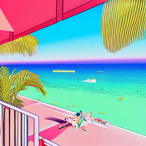 Image similar to a beautiful painting of a sunny day overlooking the beach from a hotel balcony by hiroshi nagai and hirohiko araki, detailed line art, vaporwave color scheme