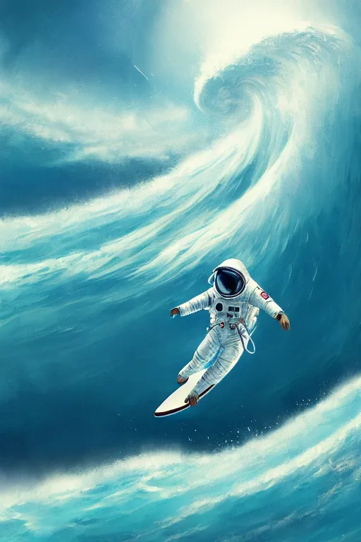 Image similar to a beautiful digital painting of an astronaut in a white space suit surfing the great wave on a surfboard by greg rutkowski, photorealistic, trending on artstation, highly detailed, intricate, unreal engine, octane render