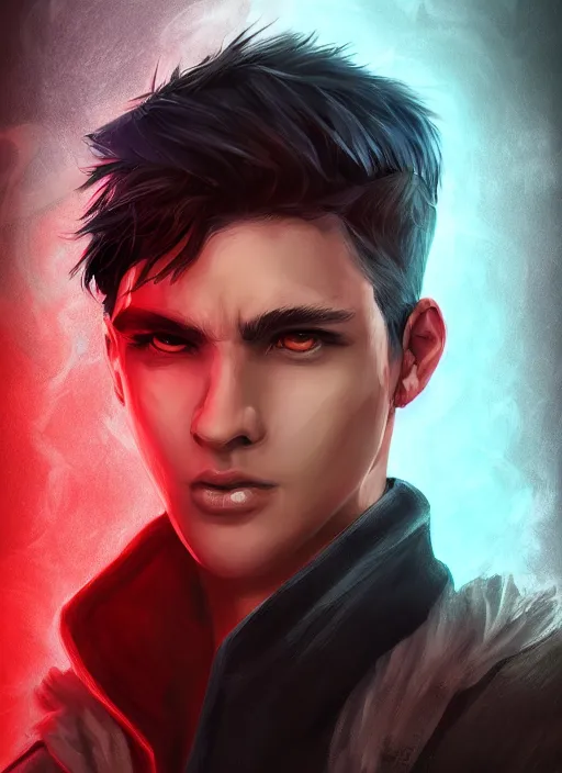 Image similar to An epic fantasy comic book style portrait painting of a young man with black cowlick haircut, wearing black overcoat, red clothes, blue jeans. Unreal 5, DAZ, hyperrealistic, octane render, cosplay, RPG portrait, dynamic lighting