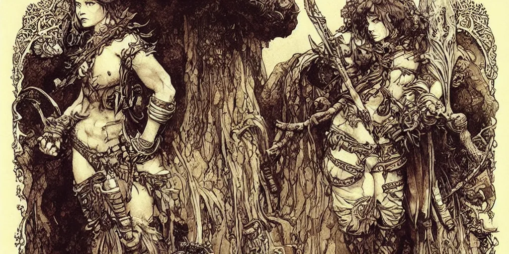 Prompt: “ ornate dwarf warriors : : forestpunk : : magic : : epic : : cinematic : : on dark paper : : watercolour : : art nouveau : : poster style : : by paul pope : : brian froud : : moebius : : travis charest : : gustave dore ”