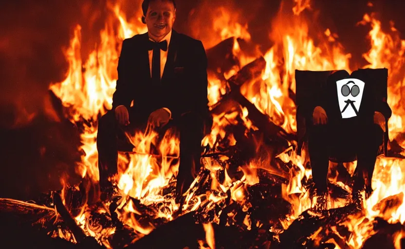 Image similar to a man wearing a tuxedo sitting in the middle of a bonfire, no face