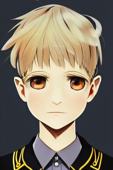 Image similar to beautiful little blonde boy in nazi male uniform posing. made in abyss art style, sharps focus, cute detailed artwork, anatomically correct, soft details, ilya kuvshinov, reflection, perfect composition, wallpaper mobile, illumination, digital art, detailed anime soft face, symmetrical face, western comic, illustration, realistic, nazism, lois van baarle