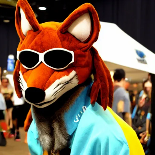 Image similar to snoop dog wearing a fox fursuit at a furry convention, indoor convention vendors