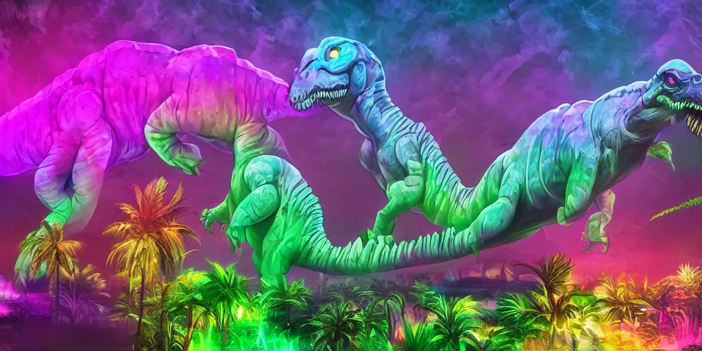 Image similar to spectral purple neon dinosaur, spectral neon pink dinosaur, spectral yellow neon dinosaur, green jungle background, detailed, ultrawide landscape