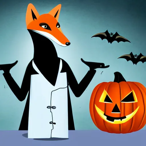 Prompt: An stern posing anthropomorphic fox wearing Halloween-themed black and orange lab coat, casting a spell in a dimly lit laboratory, digital art