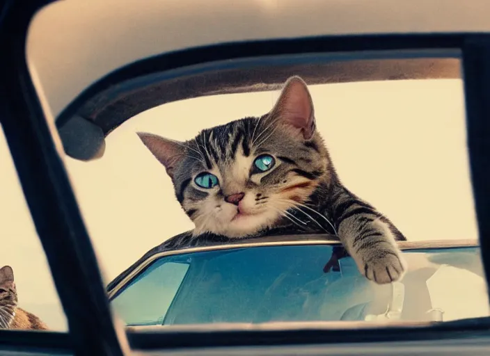 Image similar to A very high resolution image from a new movie, a cat driving a car around, inside of a car , mountains, Polaroid, directed by wes anderson