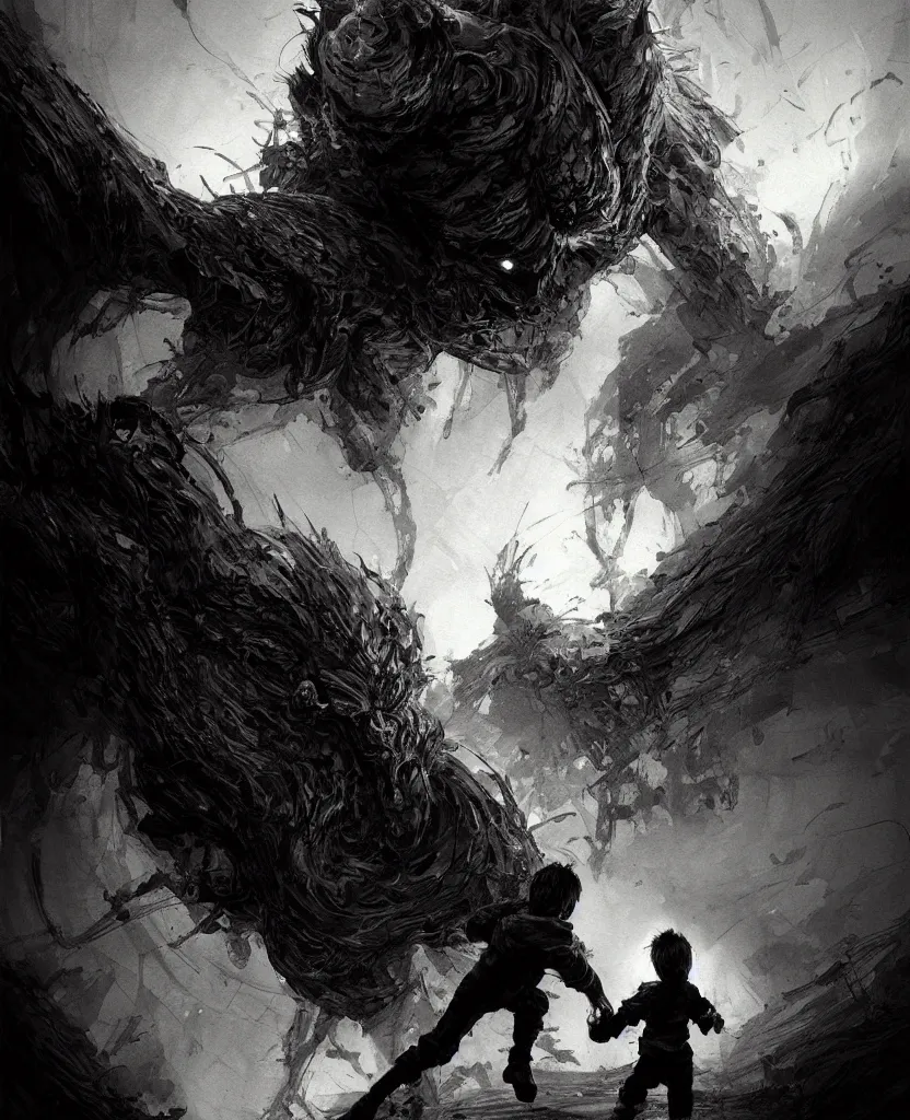 Image similar to a painting small boy fighting a giant, dark colors, sinister atmosphere, dramatic lighting, cinematic, establishing shot, extremely high detail, photo realistic, cinematic lighting, pen and ink, intricate line drawings, by Yoshitaka Amano, Ruan Jia, Kentaro Miura, Artgerm, post processed, concept art, artstation, matte painting, style by eddie mendoza, raphael lacoste, alex ross,