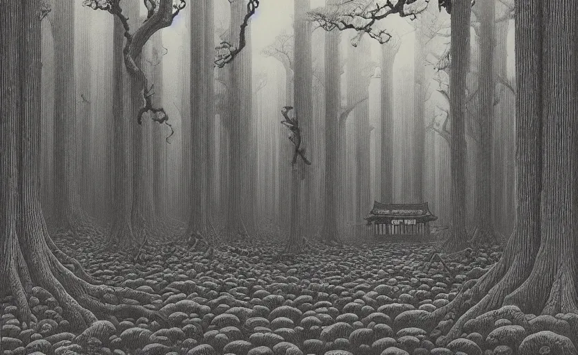 Prompt: giant forest with single shady cabin, made by Kawase Hasui in unkiyo-e style in dark and disturbing atmosphere with vibes of Joe Fenton, H. R. Giger, M. C. Escher, Z. Beksinski