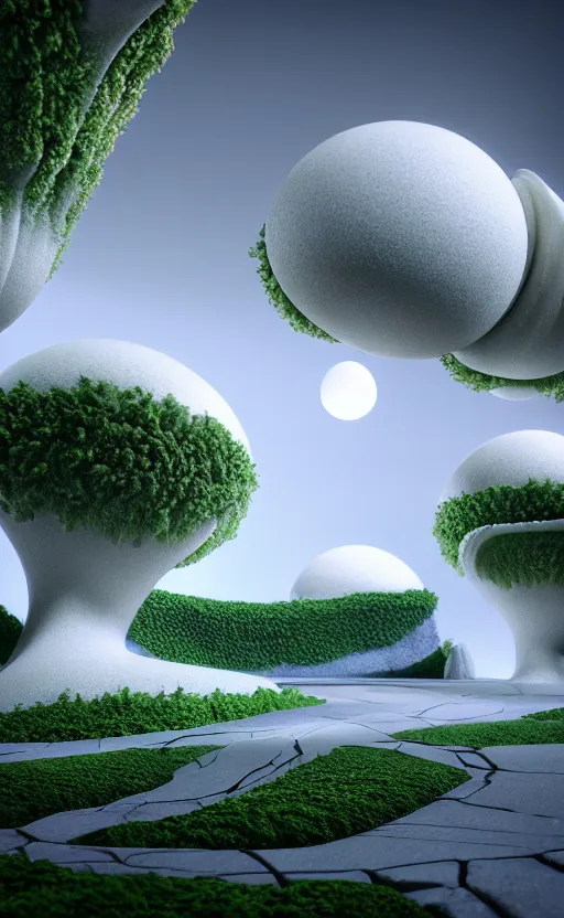 Image similar to highly detailed ultra sharp 3 d render cinematic composition of a smooth ceramic porcelain magnolia stone white fluid fractal sci - fi surreal architecture landscape, marble, magnesium, vining foliage blooms, archviz, vincent callebaut composition, mamou - mani, beautiful lighting, 8 k, unreal engine, hdr, dof