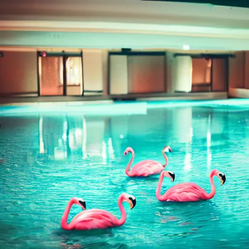 Image similar to dark poolroom liminal space with pink flamingo floaties, liminal photography, bad lighting,