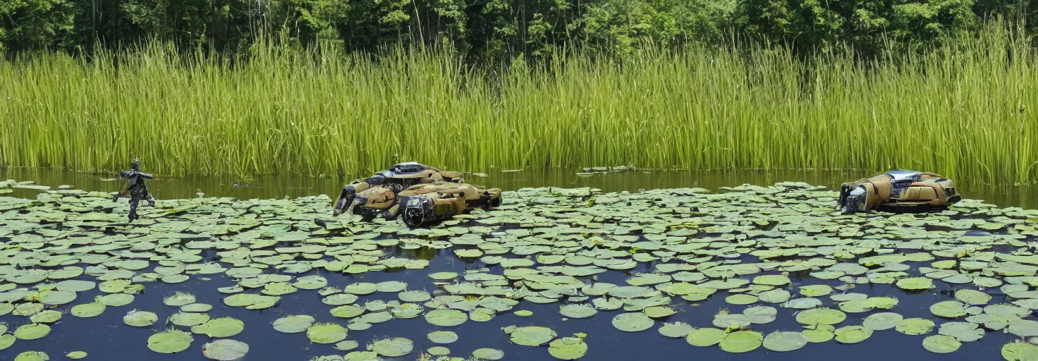 Prompt: A large combat robot lies in the shallow waters of a lake, water lilies float on the surface of the water, golden hour, futuristic