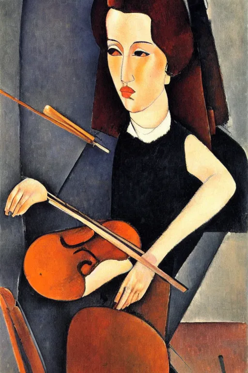 Image similar to woman portait playing violin by modigliani, intricate, highly detailed, hyper realistic, soft shadow
