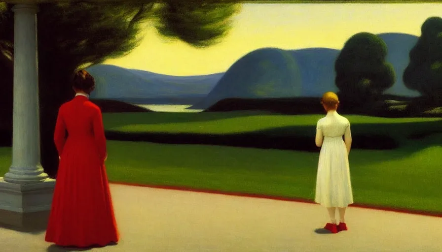 Prompt: an ethereal dream of a girl by edward hopper and steven outram, people panic in the distant background, hd, 8 k