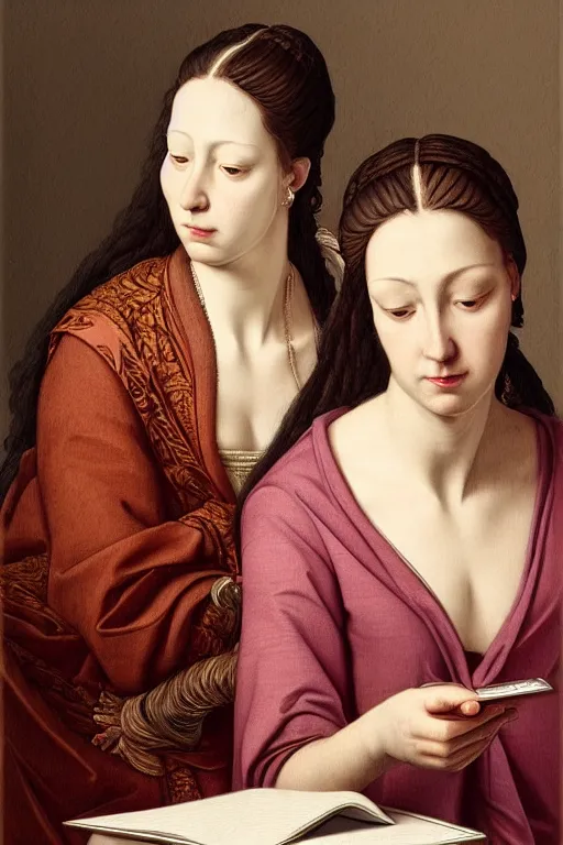 Image similar to portrait of two wise and very beautiful women reviewing some texts, art by tiziano, intricate, elegant, highly detailed, smooth, sharp focus, artstation