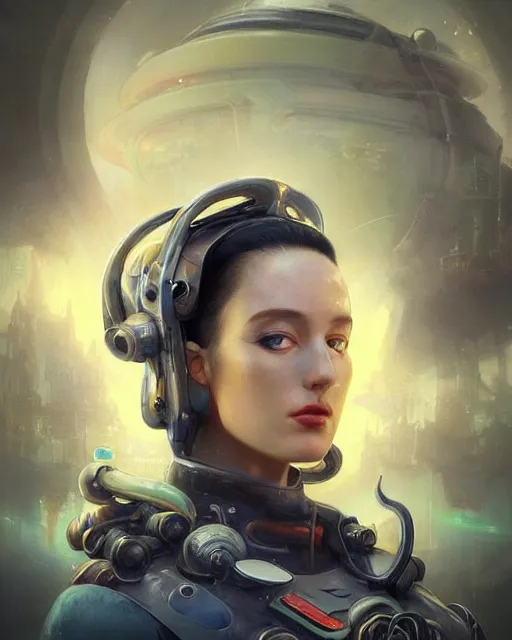 Image similar to a beautiful intricate exquisite imaginative exciting fashionable futuristic close up portrait of a female astro engineer with stern looks, mechanical uniform, neon lights on hood and jacket by ruan jia, tom bagshaw, peter mohrbacher, brian froud, futuristic organic city in the background, epic sky, vray render, artstation, deviantart, pinterest, 5 0 0 px models