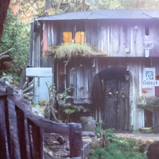 Image similar to a cinematic movie shot of a rustic multi-story ramshackle hut in the magical forest